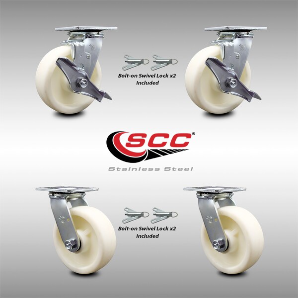 Service Caster 6 Inch Stainless Steel Nylon Caster Set with Roll Bearings 4 Swivel Lock 2 Brake SCC-SS30S620-NYR-TLB-BSL-2-BSL-2 - main